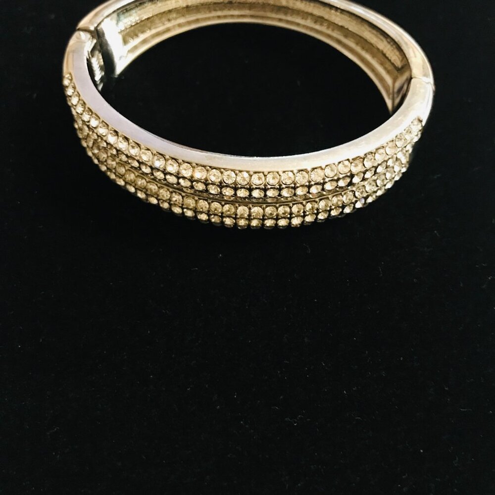 GLEAMING CRYSTALS SILVER TONE HINGED CUFF BRACELET